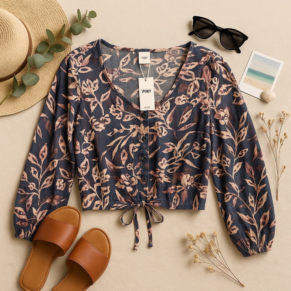 Roxy Abstract Floral Button-Front Tie Waist Blouse Size Medium NWT